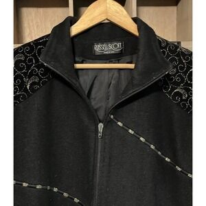 Vintage Russell Scott Wool Blend Coat Velour Embroidered Trim Women's L 80s USA